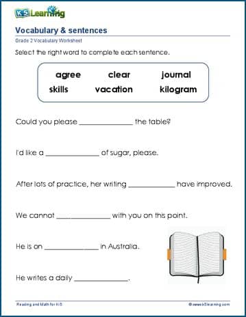 Vocabulary and sentences worksheets for grade 2