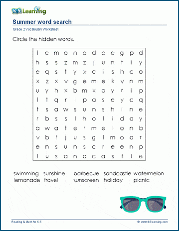 Grade 2 word search: Summer word search