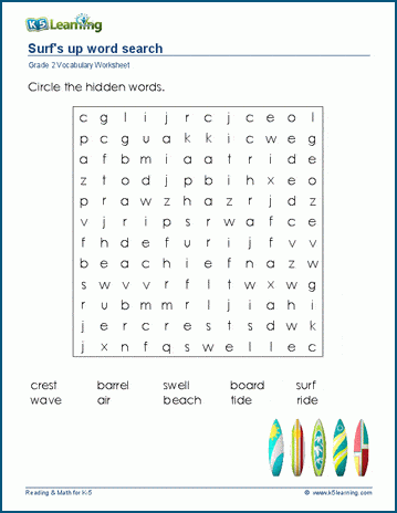 Grade 2 word search: Surf's up