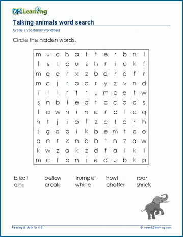 Animal sounds word search for grade 2