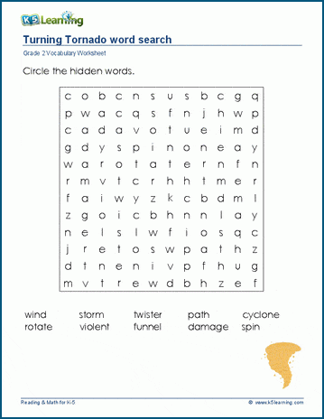 Grade 2 word search: Turning Tornado word search