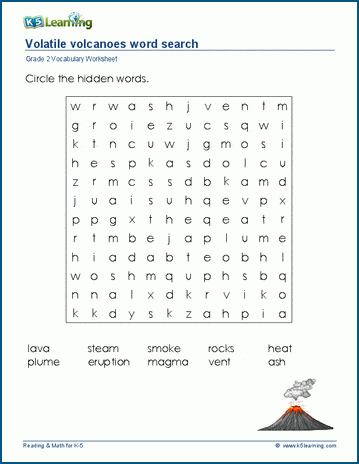 Grade 2 word search: Volatile volcanoes word search