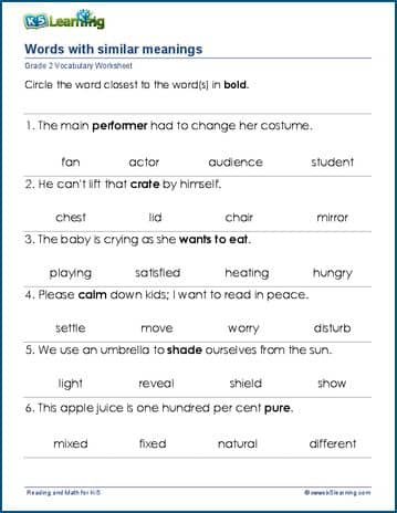 Grade 2 vocabulary worksheet words and their meanings