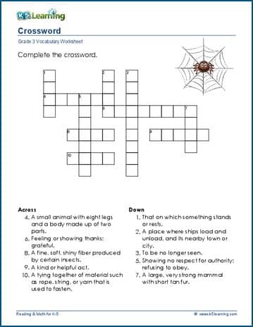 Grade 3 Vocabulary Worksheet crosswords