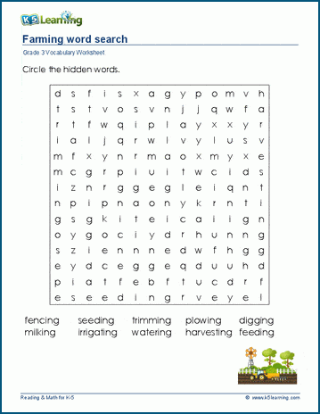 Grade 3 word search: Farming word search