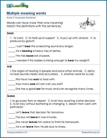 Grade 3 vocabulary worksheet multiple meaning words