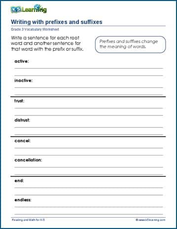 Grade 3 vocabulary worksheet define the prefix and suffix