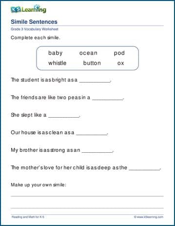 Grade 3 Vocabulary Worksheet simile sentences