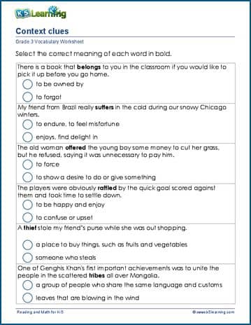 Grade 3 vocabulary worksheet context clues