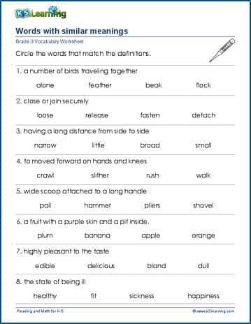 Grade 3 vocabulary worksheet words and their meanings