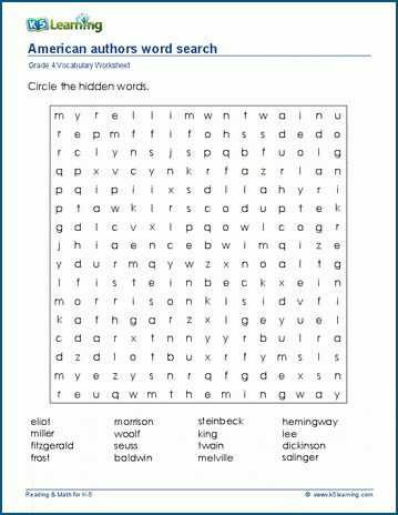Grade 4 word search: American authors word search