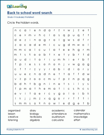 Grade 4 word search: Back to school word search