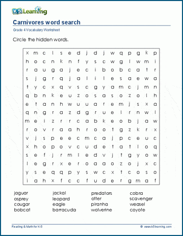 Grade 4 word search: Carnivores word search