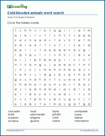 Grade 4 word search: Cold-blooded animals word search