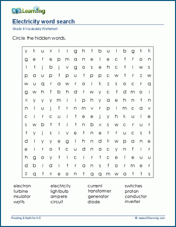 Grade 4 word search: Electricity word search
