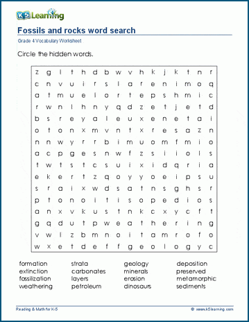 Grade 4 word search: Fossils and rocks word search
