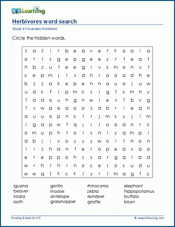 Grade 4 word search: Herbivores word search