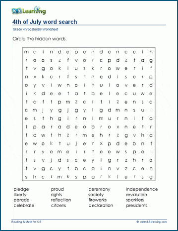 Grade 4 word search: 4th of July word search