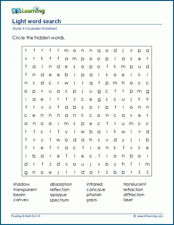 Grade 4 word search: Light word search