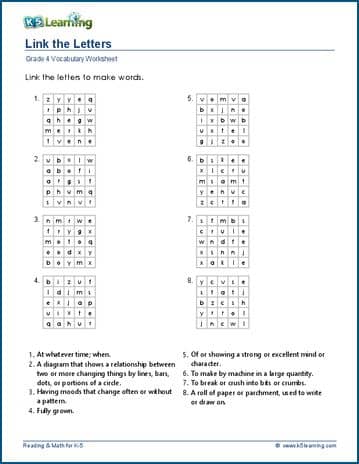 Grade 4 Vocabulary Worksheet link the letters