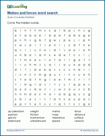 Grade 4 word search: Motion and forces word search
