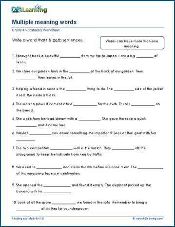 Grade 4 Vocabulary Worksheet multiple meaning words