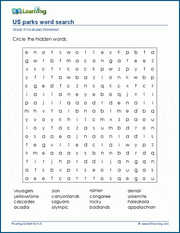 Grade 4 word search: U.S. parks word search