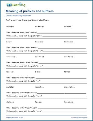 Grade 4 Vocabulary Worksheet define prefix and suffix words