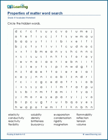 Grade 4 word search: Properties of matter word search