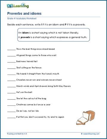 Grade 4 proverb idiom worksheets