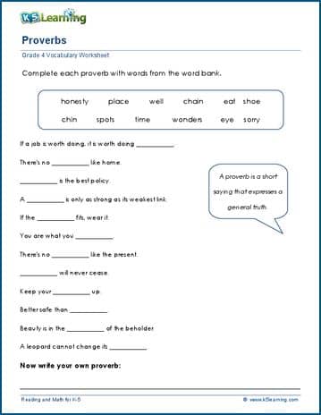 Grade 4 Vocabulary Worksheet proverbs