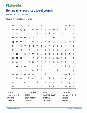 Grade 4 word search: Renewable resources word search
