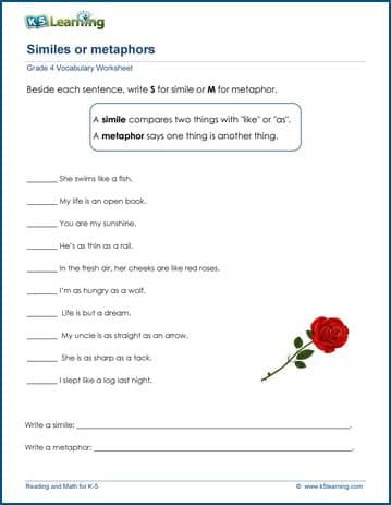 Grade 4 Vocabulary Worksheet similes or metaphors