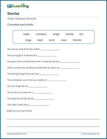 Grade 4 Vocabulary Worksheet similes