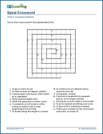 Grade 4 Vocabulary Worksheet spiral crossword