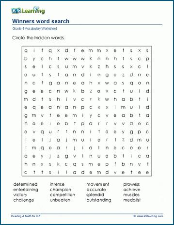 Grade 4 word search: Winners word search