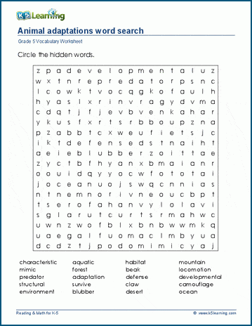 Grade 5 word search: Animal adaptations word search
