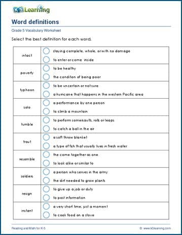 Grade 5 Vocabulary Worksheet applying meanings of words