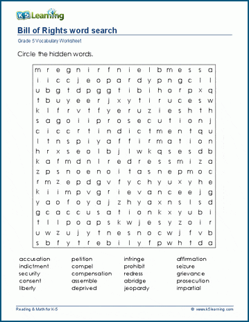 Grade 5 word search: Bill of Rights word search