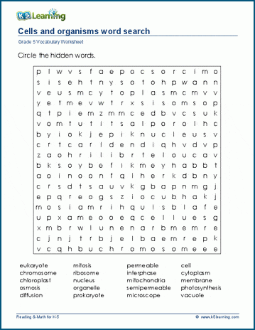 Grade 5 word search: Cells and organisms word search