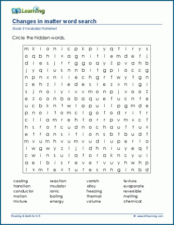 Grade 5 word search: Changes in matter word search