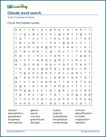 Grade 5 word search: Climate word search