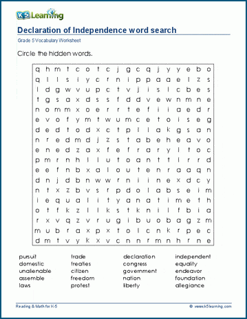 Grade 5 word search: Declaration of Independence word search