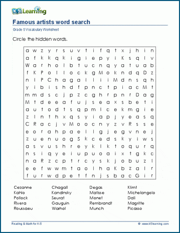 Grade 5 word search: Famous artists word search
