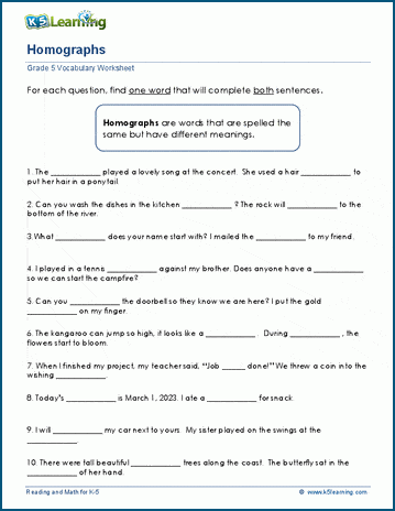 Homographs worksheet for grade 5