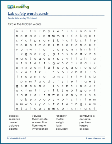 Grade 5 word search: Lab safety word search