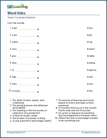 Grade 5 Vocabulary Worksheet link the words