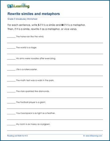 Grade 5 Vocabulary Worksheet metaphors