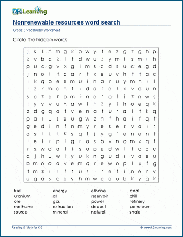 Grade 5 word search: Nonrenewable resources word search