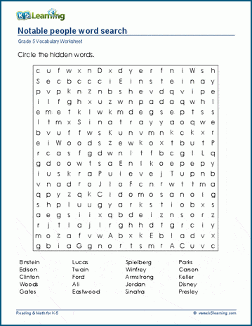 Grade 5 word search: Notable people word search